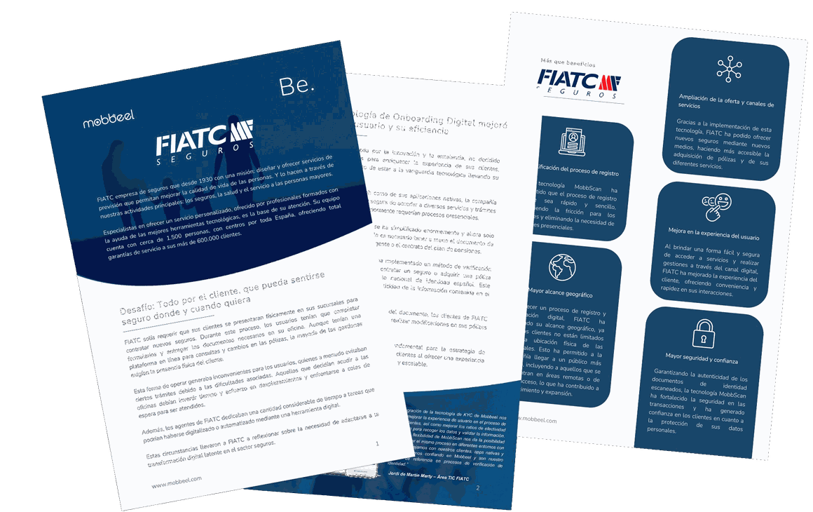 Mockup profesional de los materiales impresos FIATC Seguros - tríptico y tarjeta como en la captura de referencia